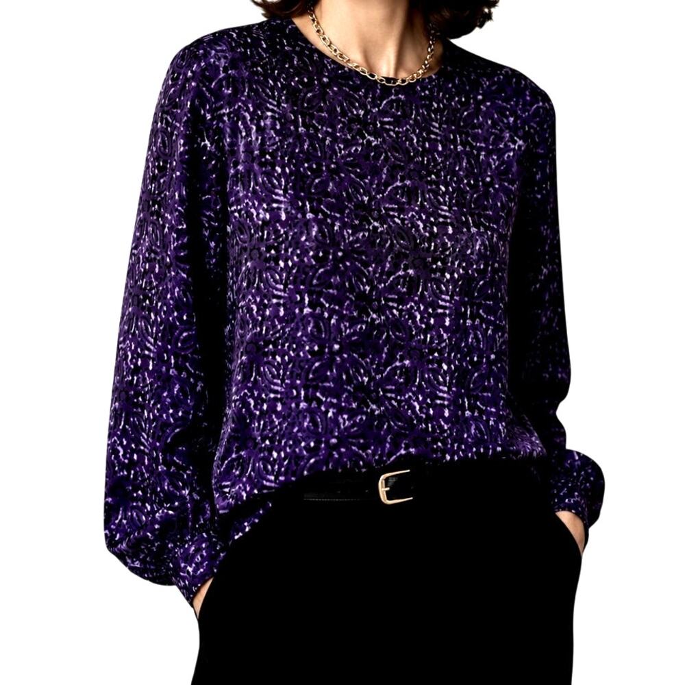 Vtg NWT 100% Silk Long Sleeve Blouse S Purple Ikat 80s Deadstock Classic Lux Top